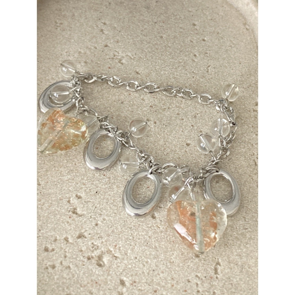 Silver Tone Clear‎ Bead Puffy Heart Charm Bracelet Peach Gold Tone Foil Accents